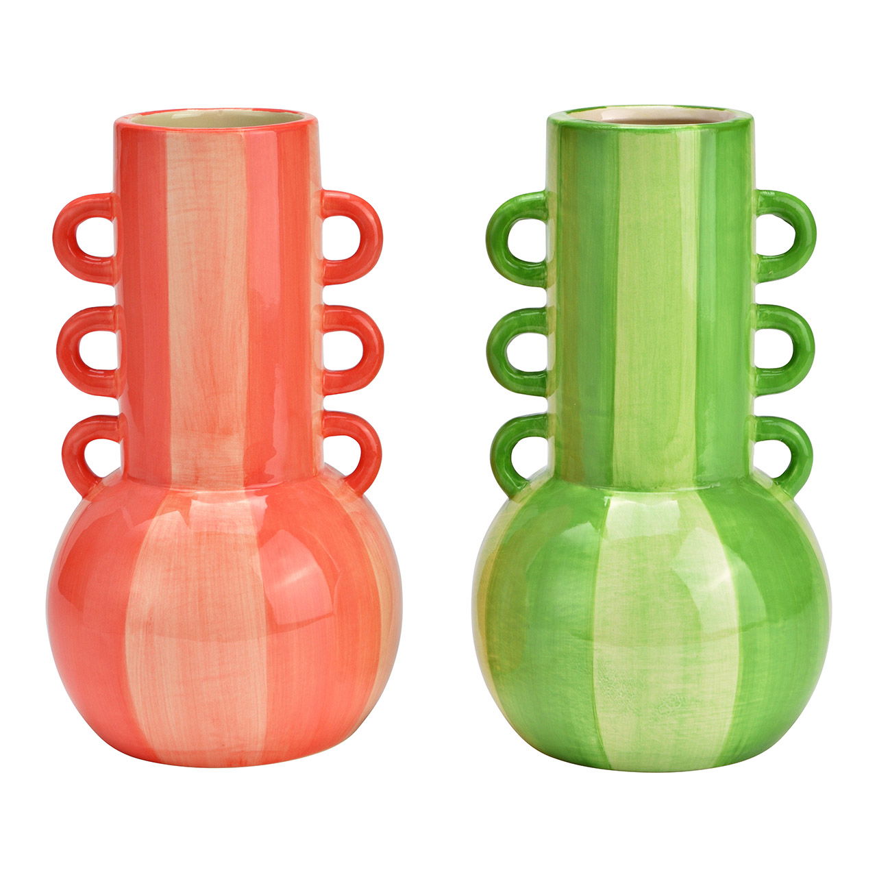 Striped ceramic vase 2-fold, green/pink (W/H/D) 11x21x11cm