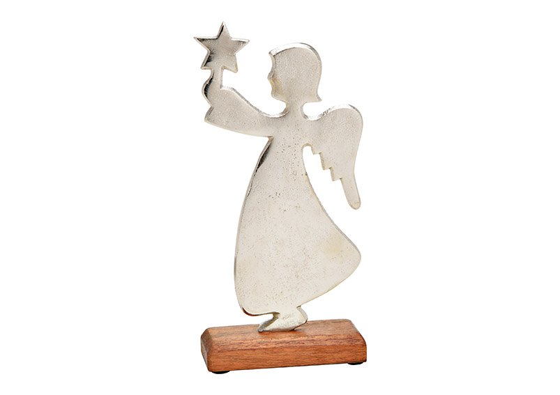 Angel on mango wood base of metal silver (W/H/D) 13x27x5cm