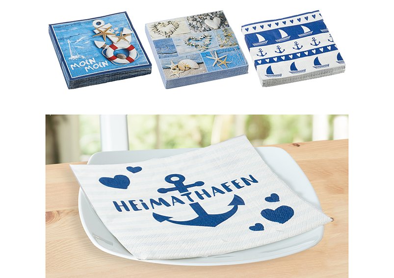 Napkins, nautical, 3-ply, pack of 20 paper/cardboard blue 4-ply, (W/H) 33x33cm