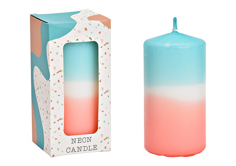 Pillar candle with gradient, apricot/turquoise gift box (W/H/D) 6x12x6cm