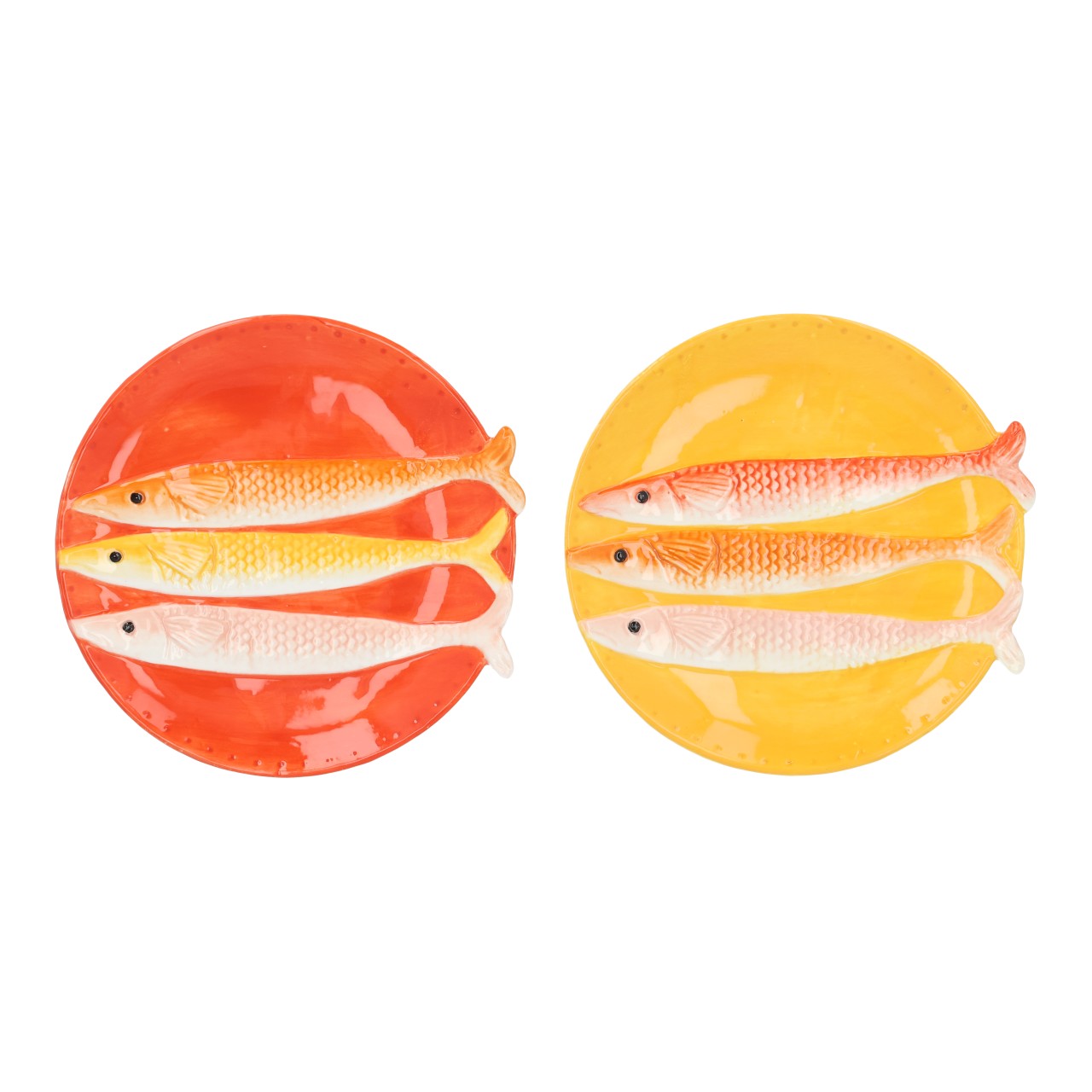 Deko Teller Sardinen aus Porzellan Orange 2-fach sortiert (B/H/T) 16x2x16cm Schalen, Pasta-Schale, Melonenfarben, Plastik-Schale, Set aus 2 Schalen