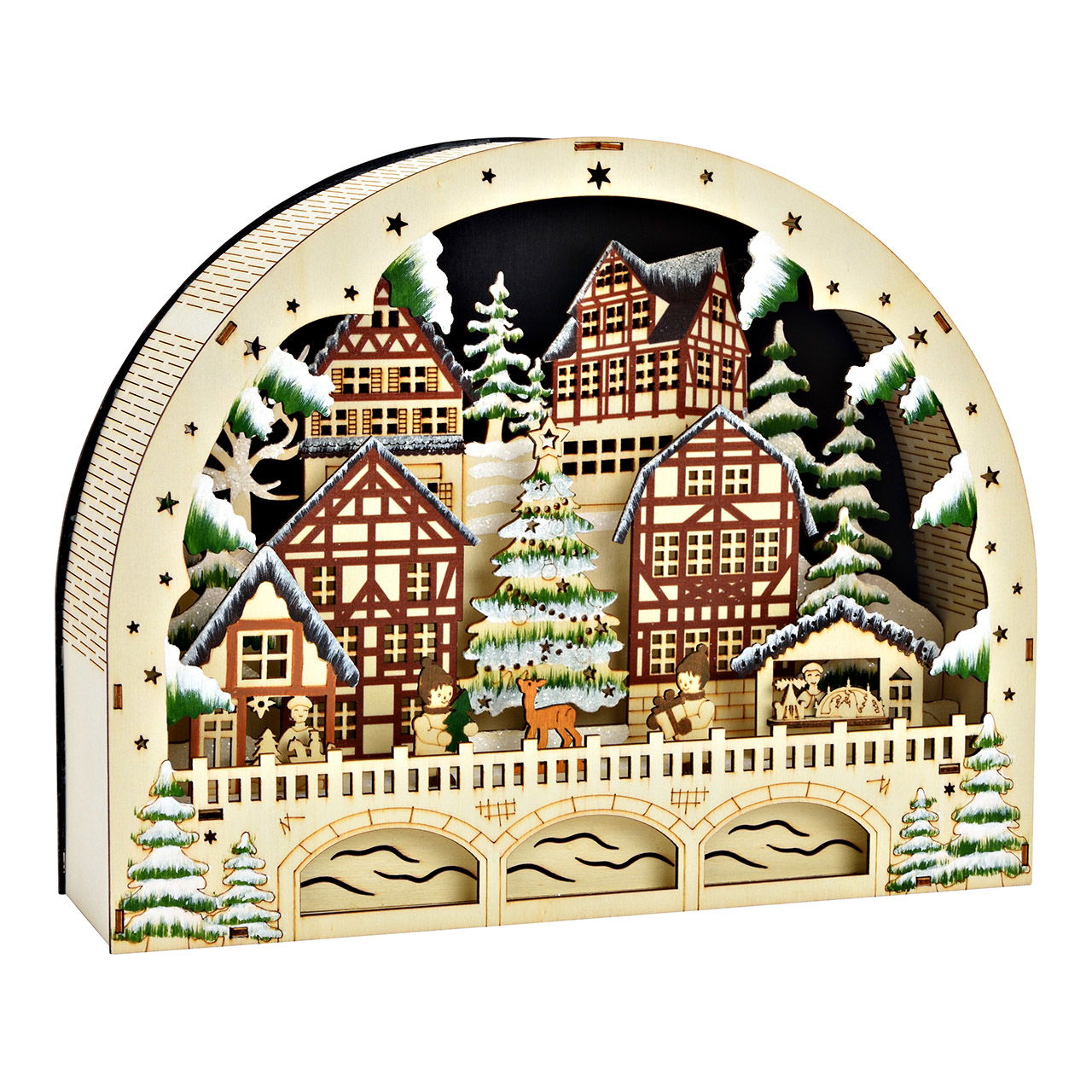 Scène hivernale avec LED Fonctionnement sur piles 2xAA non incluses, double fonction boîte à piles avec minuterie en bois, (L/H/P) 30x24x8cm Scène hivernale avec LED Fonctionnement sur piles 2xAA non incluses, double fonction boîte à piles avec minuterie en bois, (L/H/P) 30x24x8cm