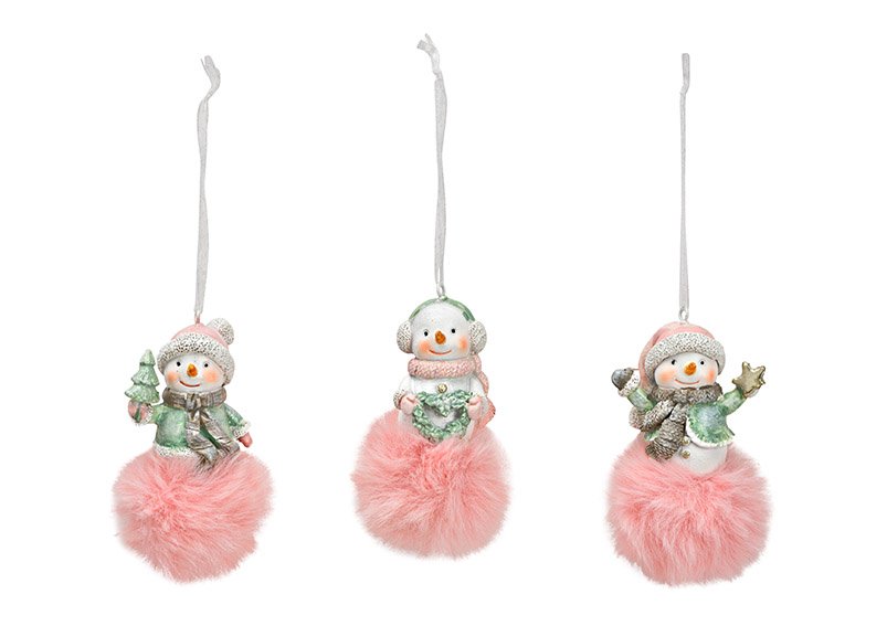 Hanger sneeuwpop van poly mint, roze 3-voudig, (B/H/D) 4x9x5cm