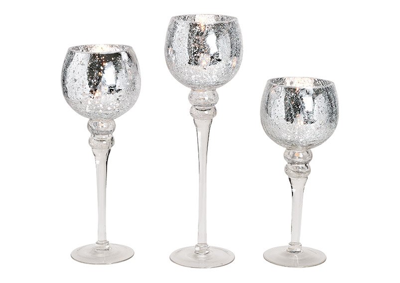 Windlight set of 3, 30, 35, 40cm x ø13cm, cracking glass, silver