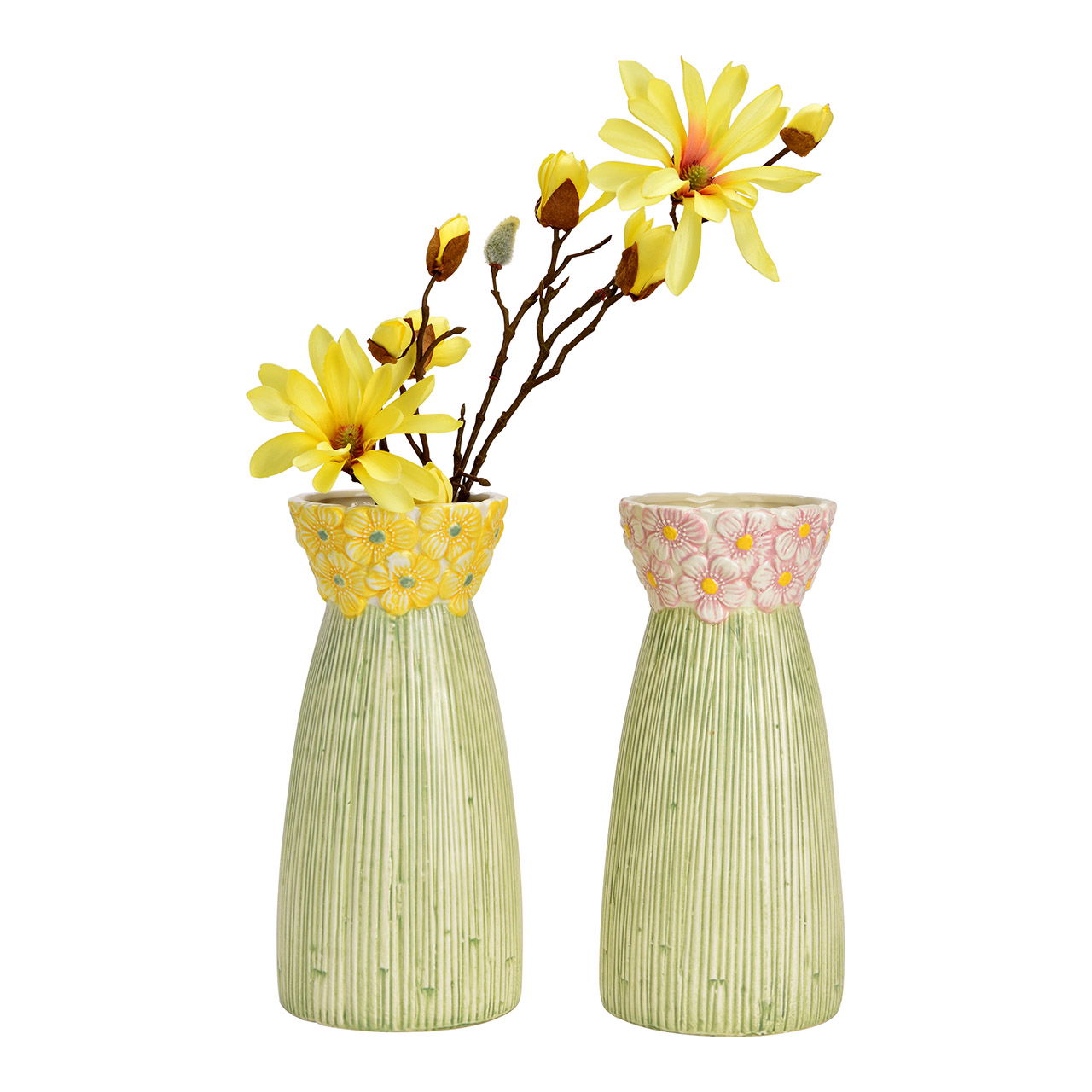 Vase Blumen Dekor aus Keramik, 2-fach, Grün (B/H/T) 12x26x12cm Krug, Töpferei, Vase, Blumen-Arrangement, Pflanze