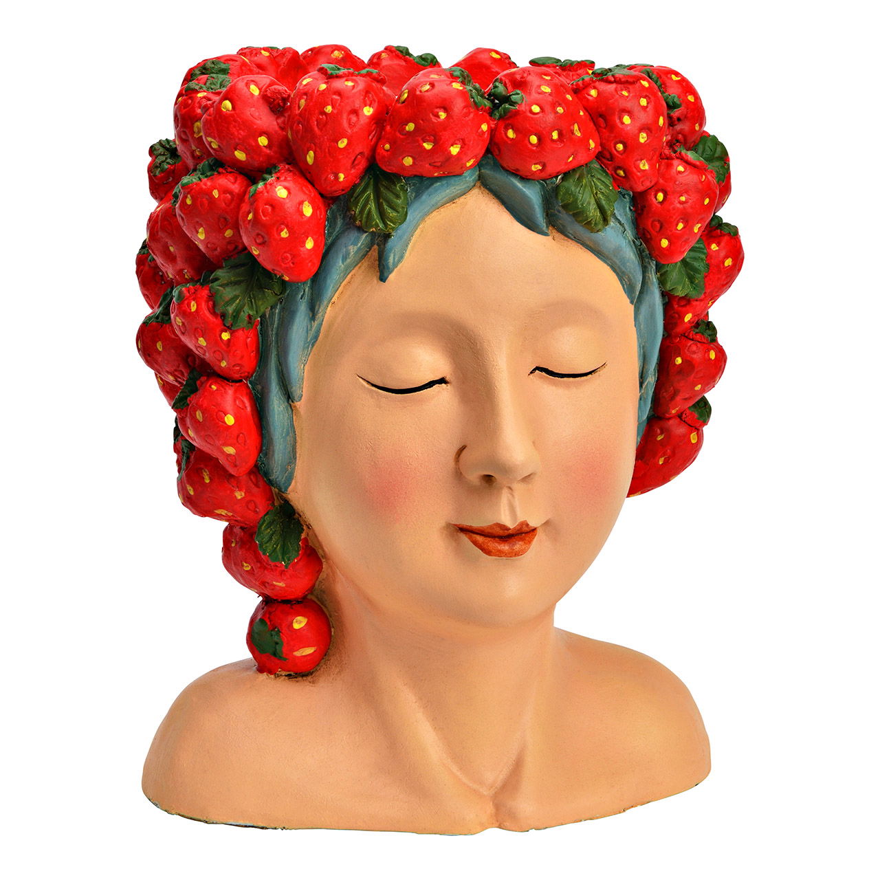 Blumentopf Frauenkopf mit Erdbeeren aus Magnesia, Rosa/Rot (B/H/T) 22x28x21cm