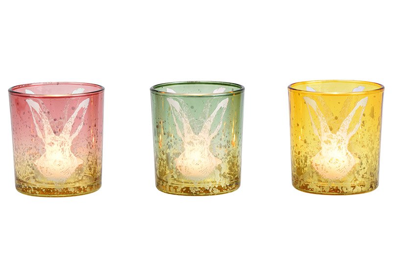 Lampion konijn decoratie van glas gekleurd 3-voudig, (B/H/D) 7x8x7cm