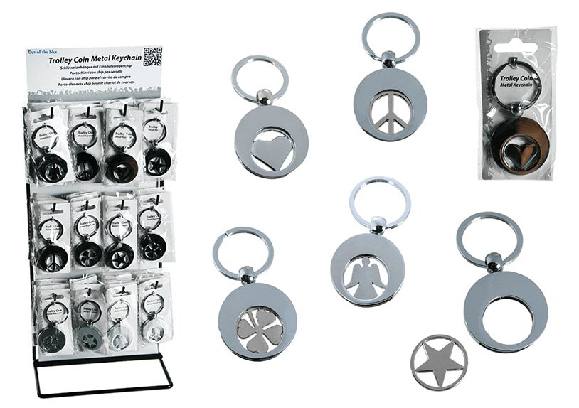 Schlüsselanhänger mit Einkaufswagenchip Symbol aus Metall Silber 5-fach, (B/H) 3x3cm, 60 Stk. auf Display
