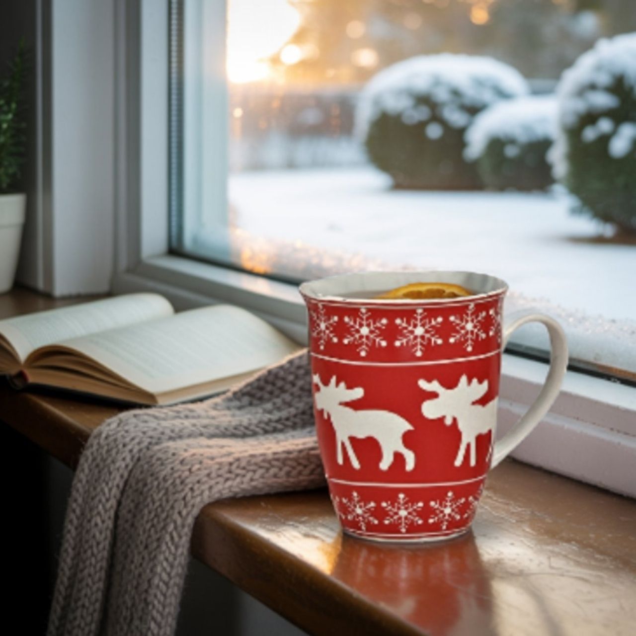 Taza decoración alce en rojo y blanco, surtido (A/A/P) 11x10x8,5 cm Pokal, Fenster, Fensterbank