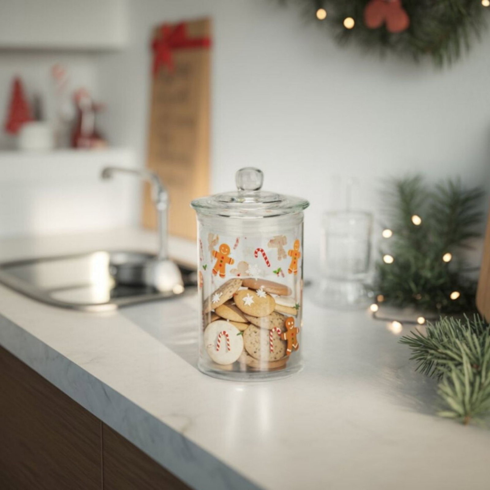 Barattolo portaoggetti figure di pan di zenzero, motivo bastoncino di zucchero in vetro trasparente a 2 pieghe, (L/H/D) 8x15x8cm 300ml glasbehälter, glas, aufbewahrung, weihnachtsmuster, zucker/-candy cane