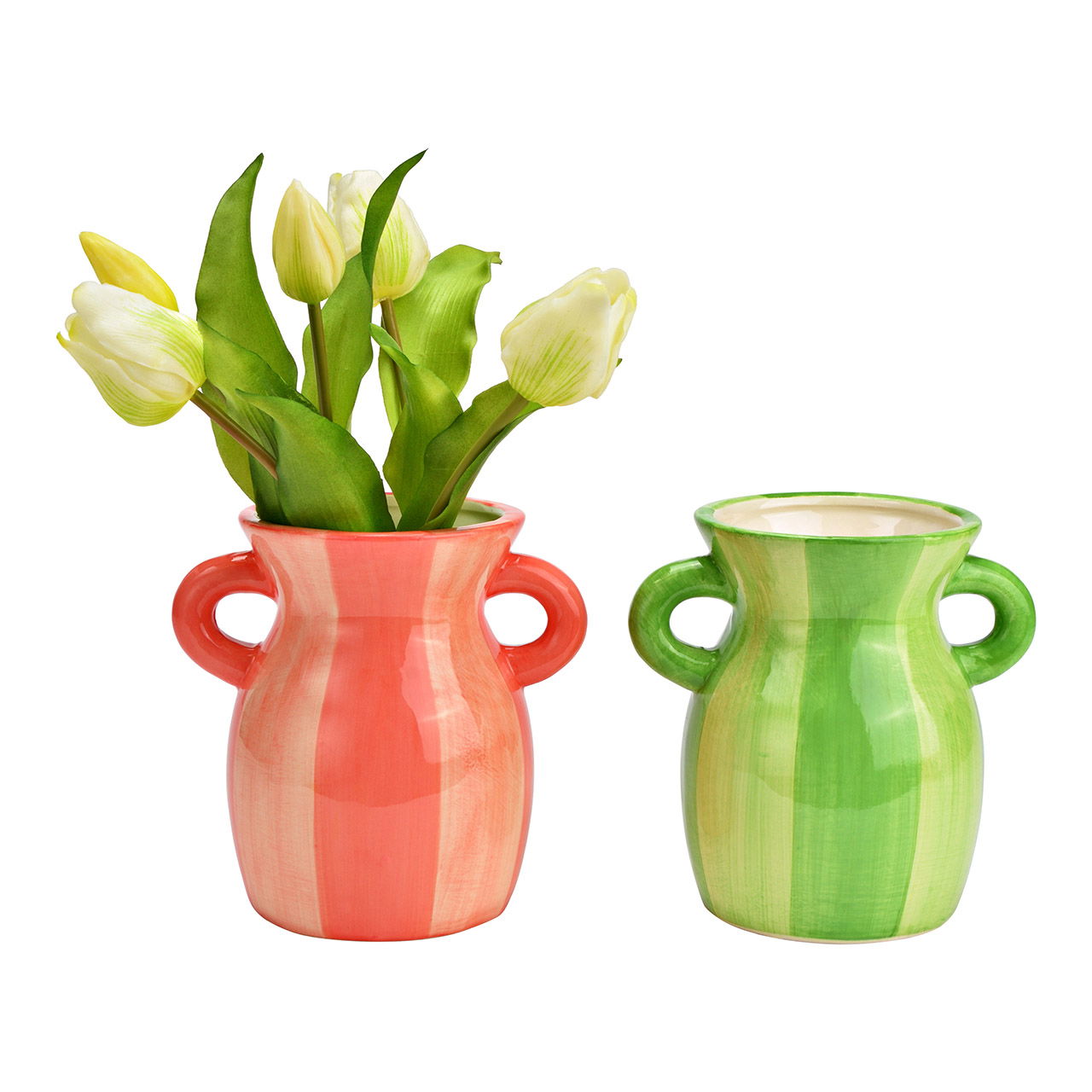 Striped ceramic vase 2-fold, green/pink (W/H/D) 15x16x11cm