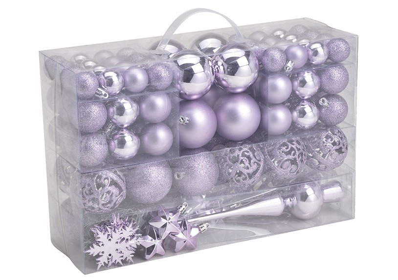 Plastic Christmas ball set lilac, set of 111, (W/H/D) 23x35x12cm Ø3/4/6cm