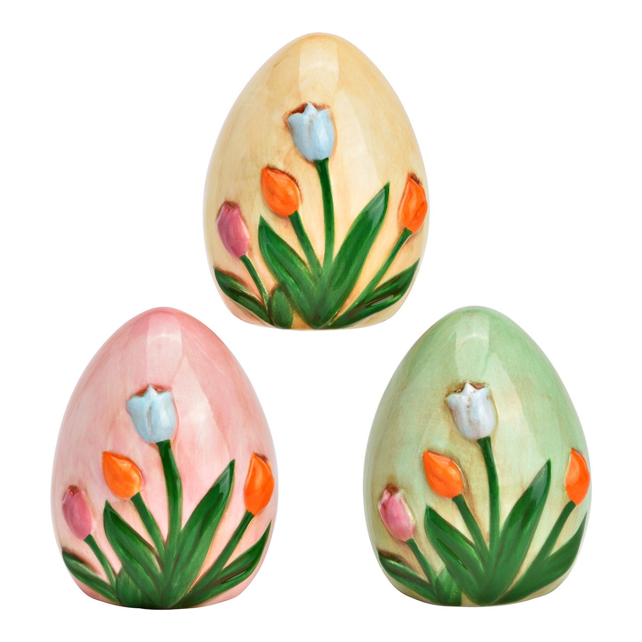 Ei Blumen Dekor aus Keramik, 3-fach, Beige/Rosa/Grün (B/H/T) 6x8x6cm Osterei, Ei, Essen