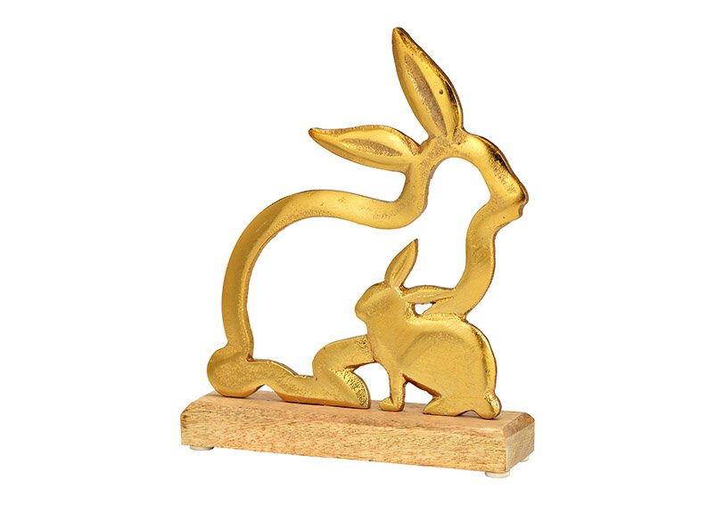 Coniglio da esposizione su base in legno di mango in metallo dorato (L/H/D) 18x22x5cm