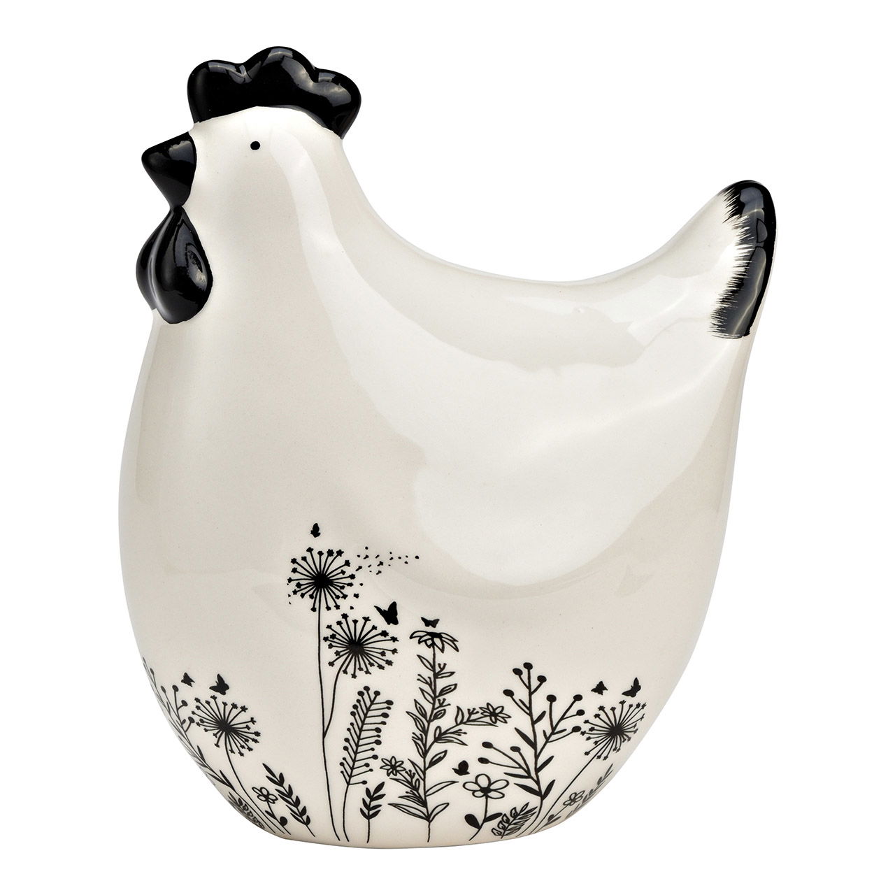 Chicken with flower meadows decor of ceramic black, white (W/H/D) 13x16x9cm