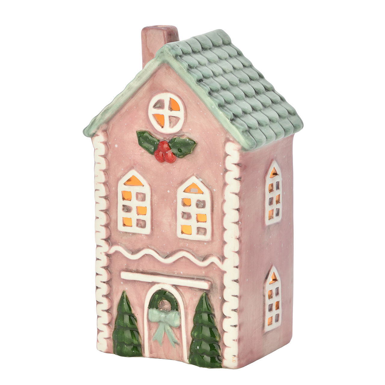 Windlicht Haus aus Keramik Pink/Rosa (B/H/T) 10x19x7cm Essen, Süßigkeiten, Plätzchen, Spielzeug