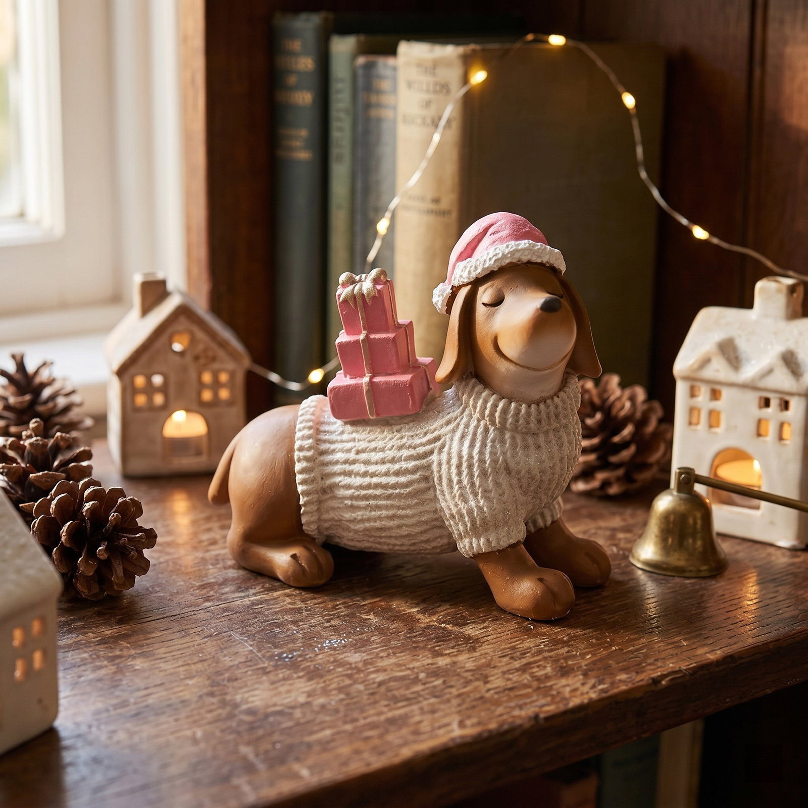 Hundfigur, Santa-Hut, Pinke Geschenke, Weißer Pullover, Festschmuck