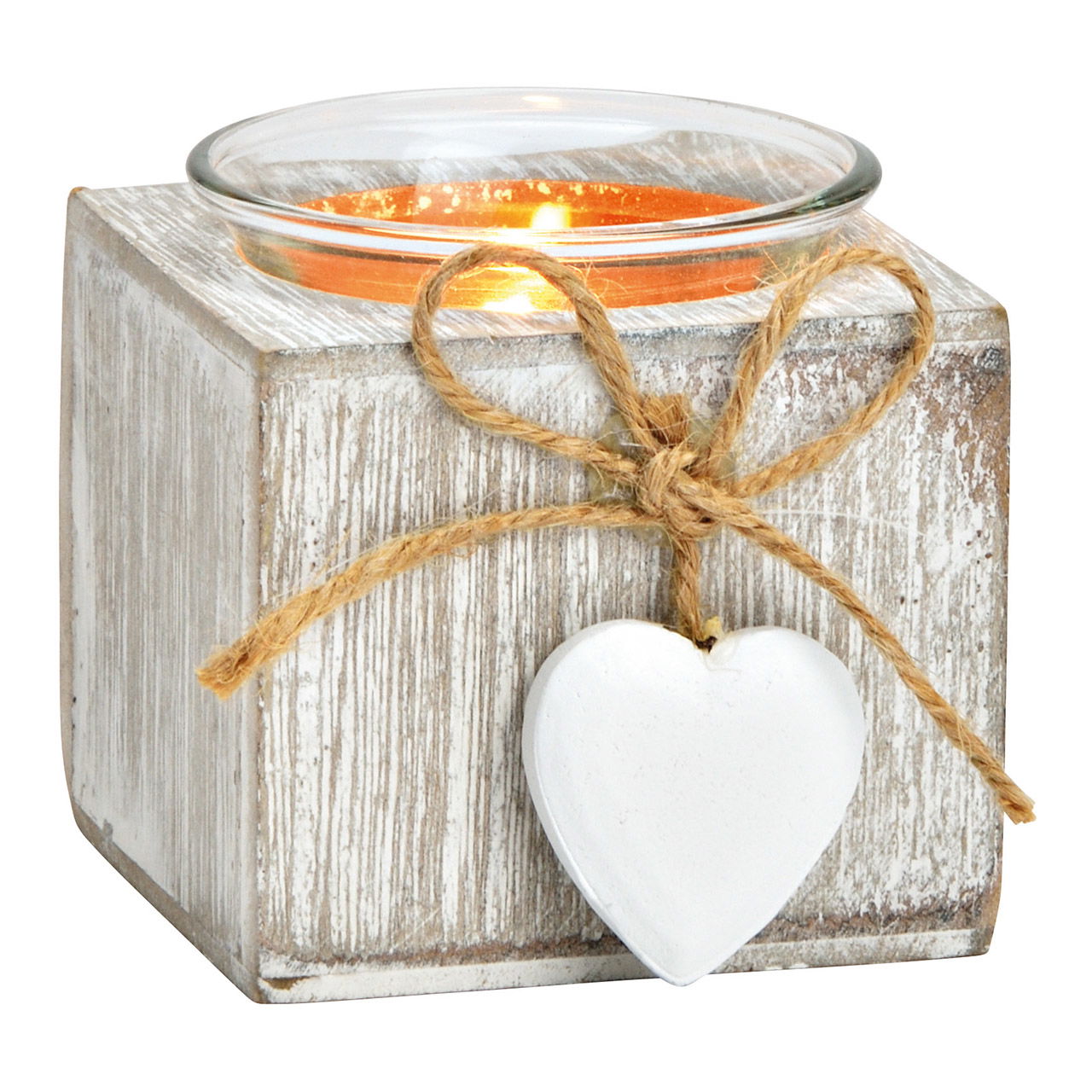 Porta tealight con ciondolo a cuore Legno, vetro Bianco (L/H/D) 7x7x7cm