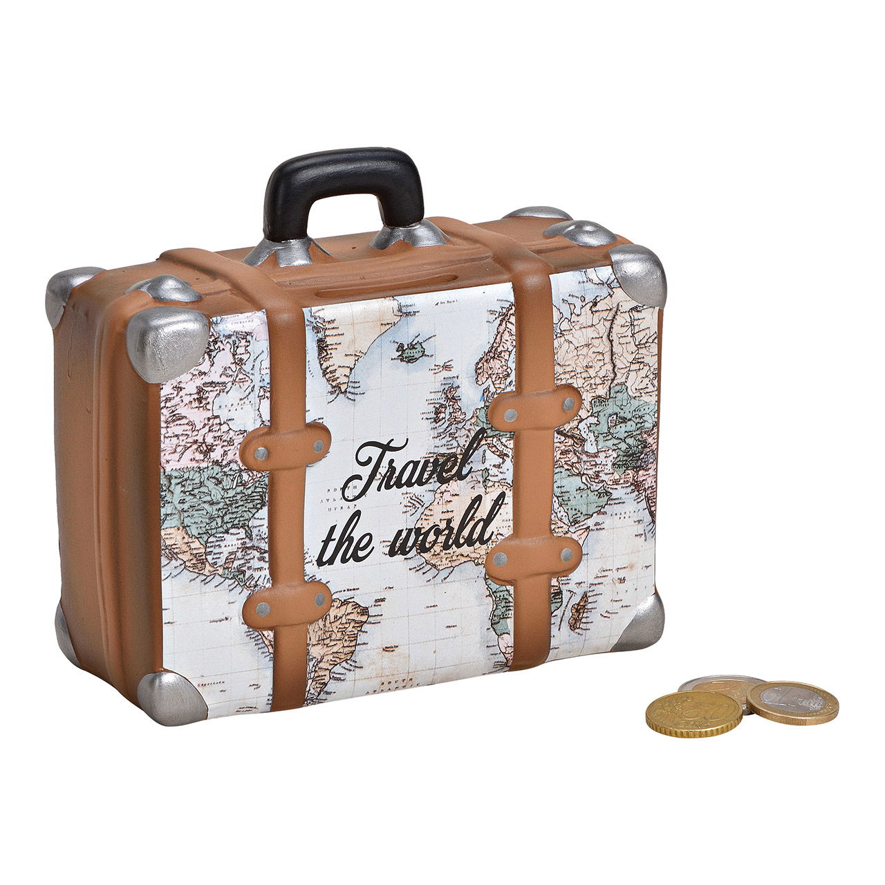 Money box, suitcase, with map design, travel the world, ceramic, beige brown color, 14x13x6cm