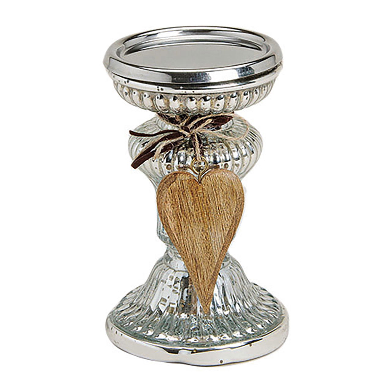 Candleholder glass and wood, hanger heart silver (w/h/d) 10x16x10 cm