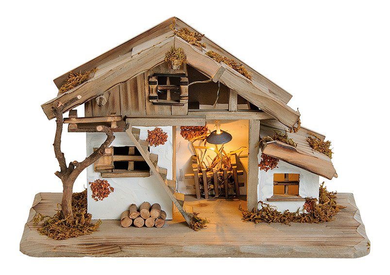 Nativity barnwith led, natural wood, (w/h/d) ) 29x23x19cm