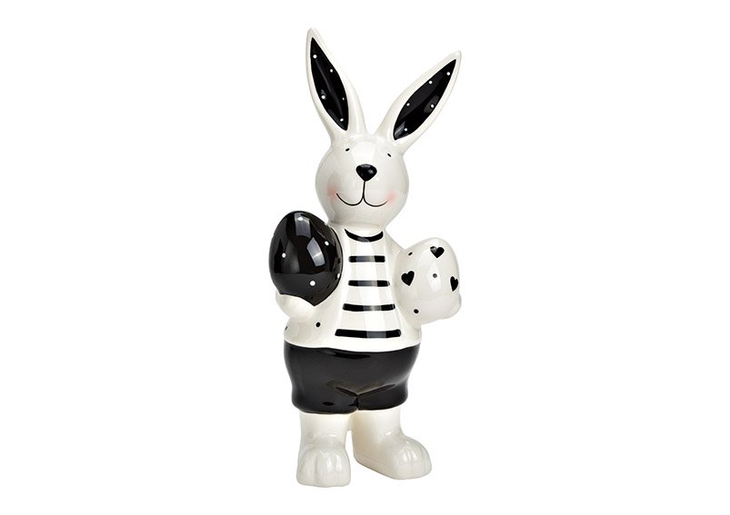 Coniglietto con uova in ceramica bianca, nera (L/H/D) 13x29x8cm