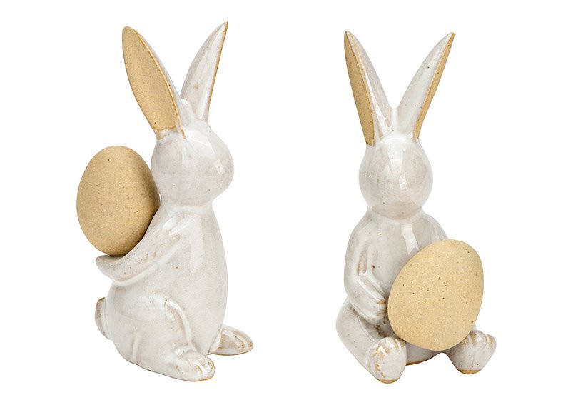 Coniglietto con uovo in ceramica bianca 2 pieghe, (L/H/D) 6x13x6cm