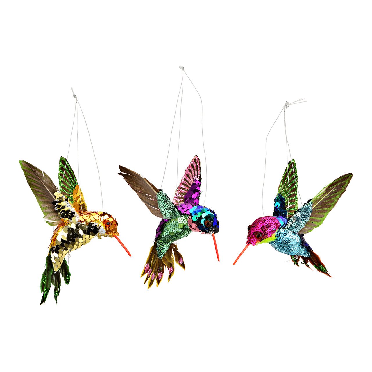 Hangvogel kolibrie van plastic/sequins, kleurrijk 3-voudig, (B/H/D) 7x11x11cm