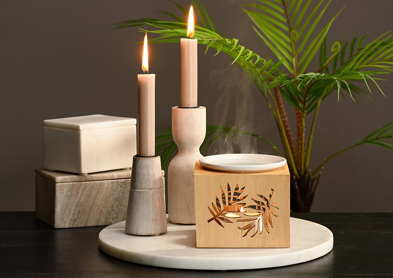 Mango wood candle holder white 2-fold, (W/H/D) 6x10x6cm