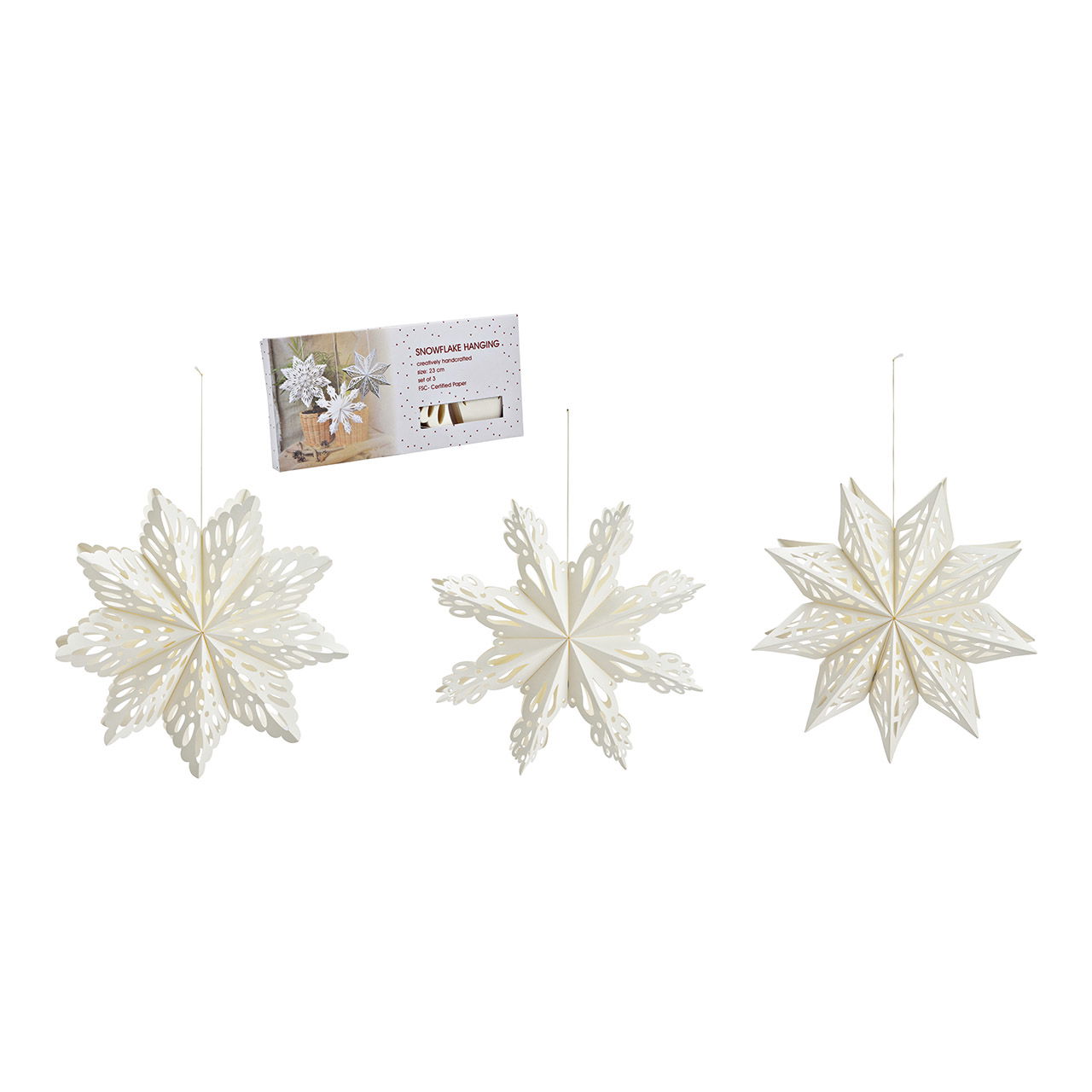 Set di 3 fiocchi di neve da appendere, in carta/cartone bianco (L/H/D) 22x22x6cm