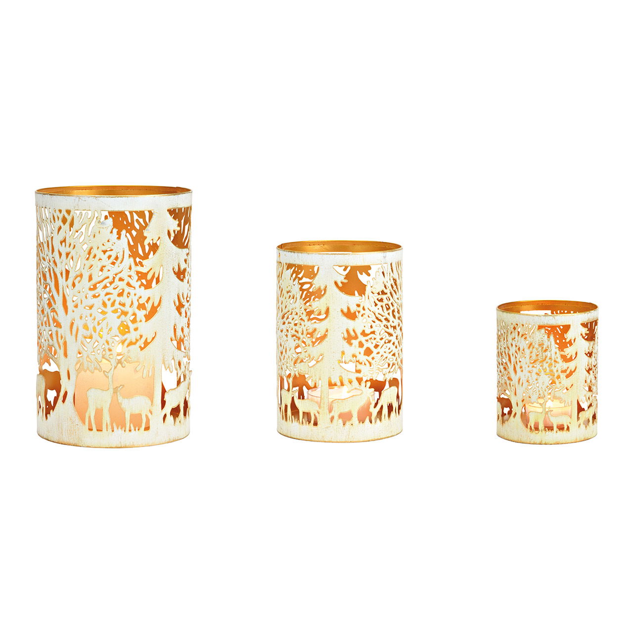 Luce del vento, scena invernale set di 3, in metallo finitura antica bianco, oro (L/H/D) 8x10x8cm, 10x15x10cm, 13x20x13cm Luce del vento, scena invernale set di 3, in metallo finitura antica bianco, oro (L/H/D) 8x10x8cm, 10x15x10cm, 13x20x13cm