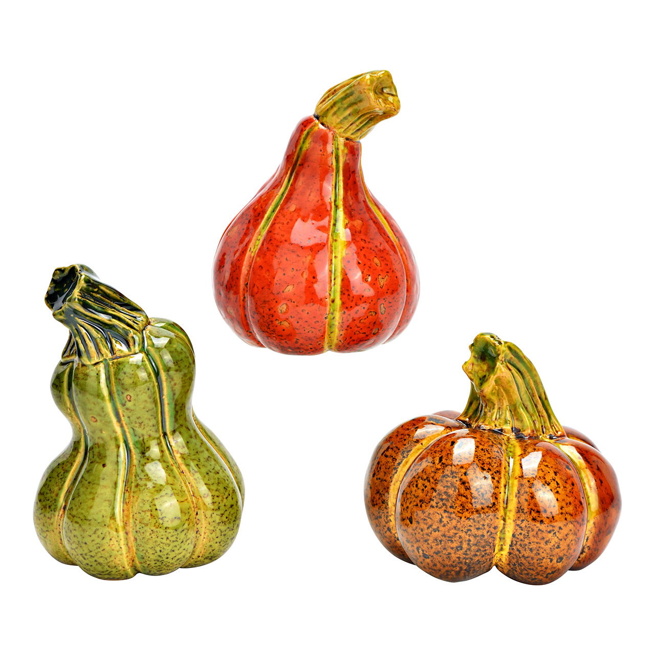 Figurita calabaza de gres, 3 pliegues, rojo/verde/naranja (ancho/alto/ancho) 8x11x8cm