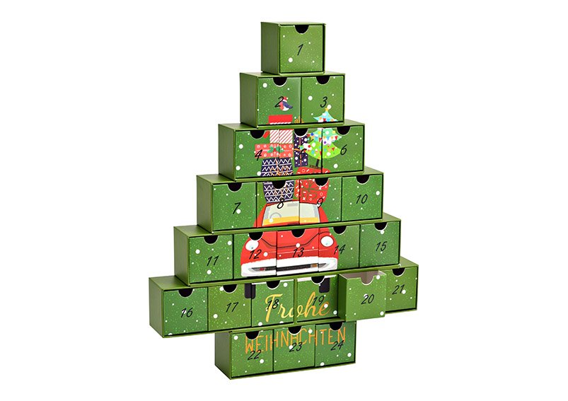 Adventskalender kerstboom met auto 24 vakjes 6x6x6cm van papier/karton groen (B/H/D) 38x48x6cm