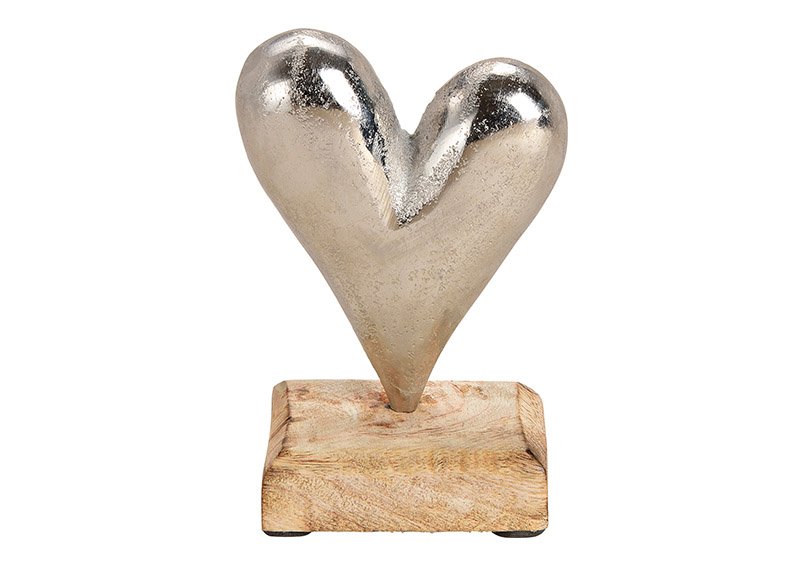 Corazón de metal sobre base de madera de mango plata, marrón (A/H/D) 9x14x5cm