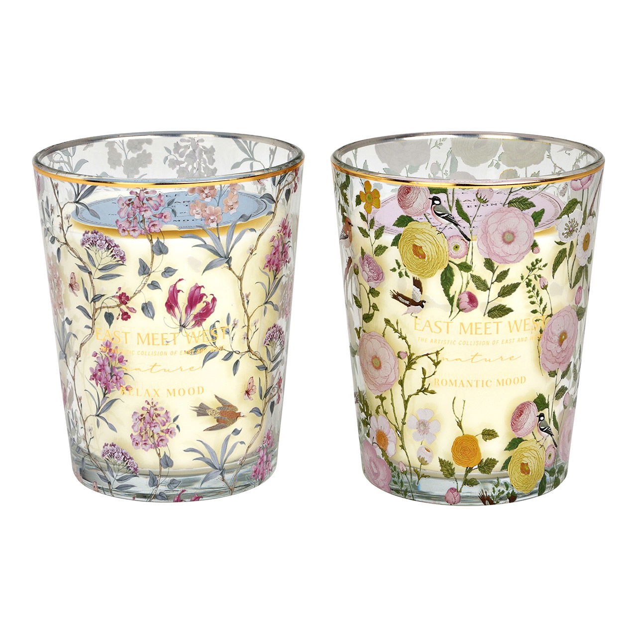 Windlicht Blumen Dekor mit Duftkerze aus Glas, 2-fach, Lila/Rosa (B/H/T) 13x16x13cm Porzellan, Töpferei, Tasse, Glas, Florales Design