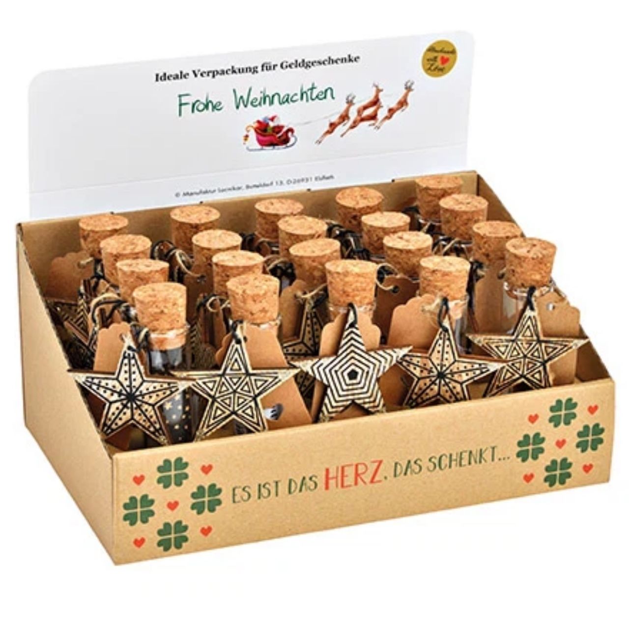 Verre à cadeau en bois avec étoile, en verre transparent (L/H/P) 2x12x2cm Weihnachtsartikel, Stickeranhänger, Korkenverschluss, Sterneanhänger, Stempelaufdruck