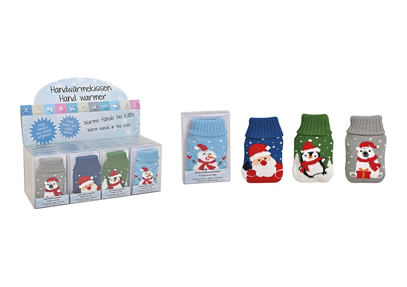 Scaldino tascabile Babbo Natale, pinguini, orso, pupazzo di neve copertura a maglia in plastica colorata a 4 pieghe, (L/H/D) 7x12x1cm