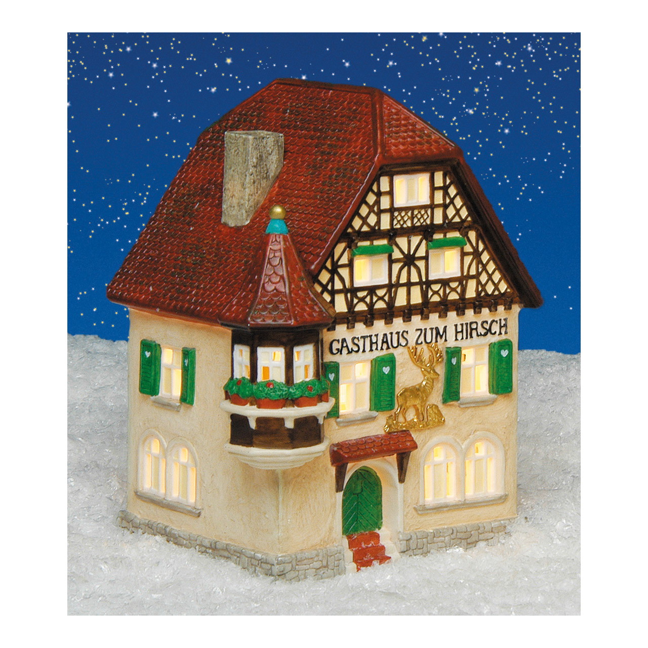 Wurm Lichthaus Mikrohaus, Miniaturhaus, Schneeszene, Gasthaus Zum Hirsch, Grüne Fensterläden