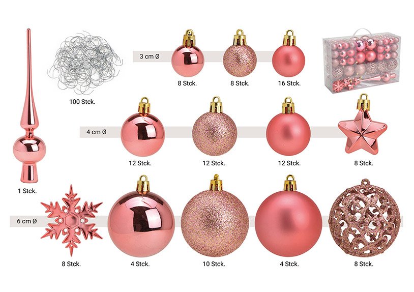 Set de boules de Noël en plastique Orange Rose/Rose 111pcs, (L/H/P) 23x35x12cm Ø 3/4/6cm