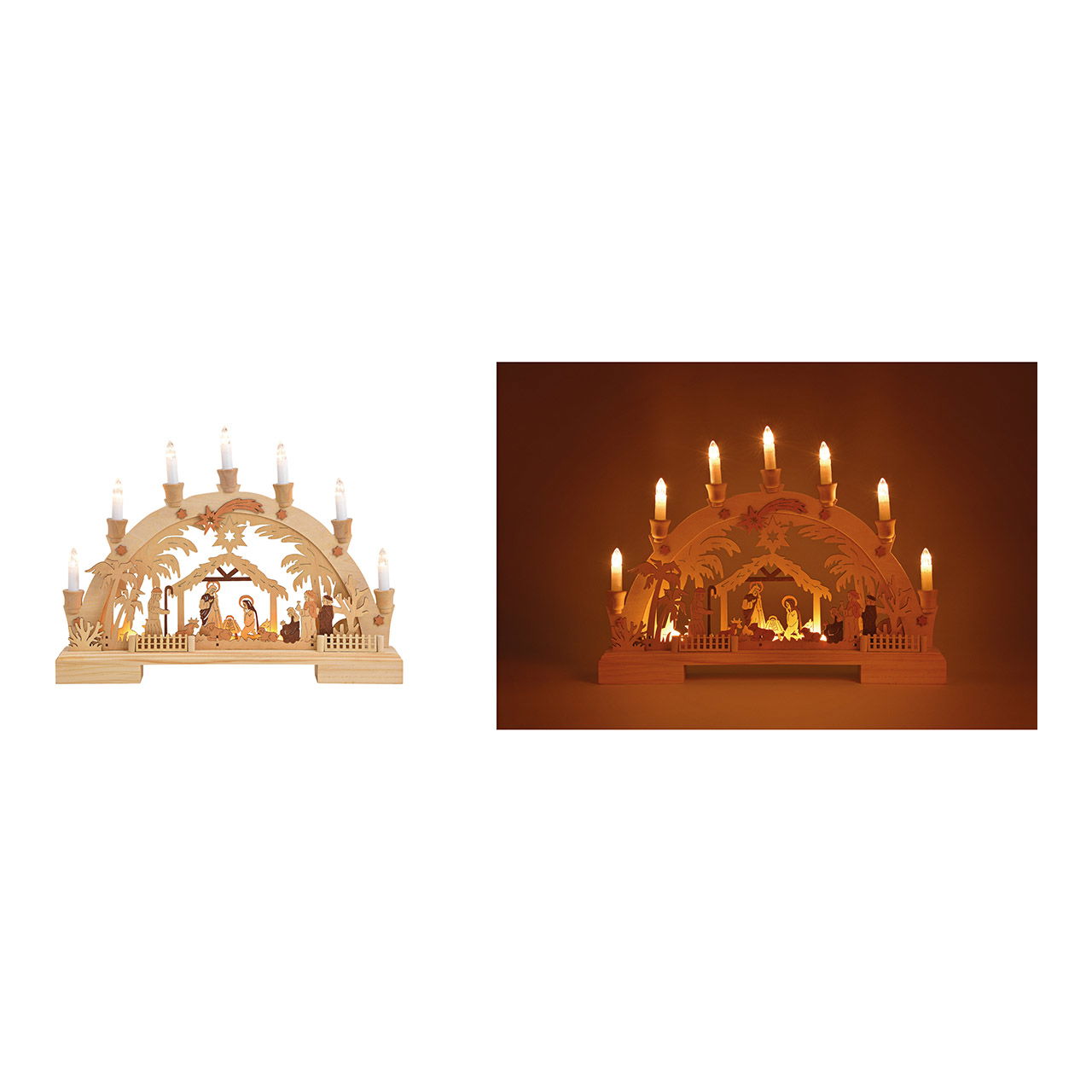 Arc de lumière scène de la crèche, 7 LED en bois (L/H/P) 45x33x6cm