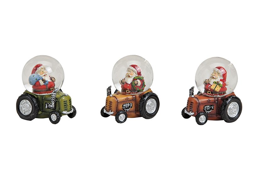 Globo di neve trattore Babbo Natale, in vetro/poly, 3 assortiti 6x7x5cm