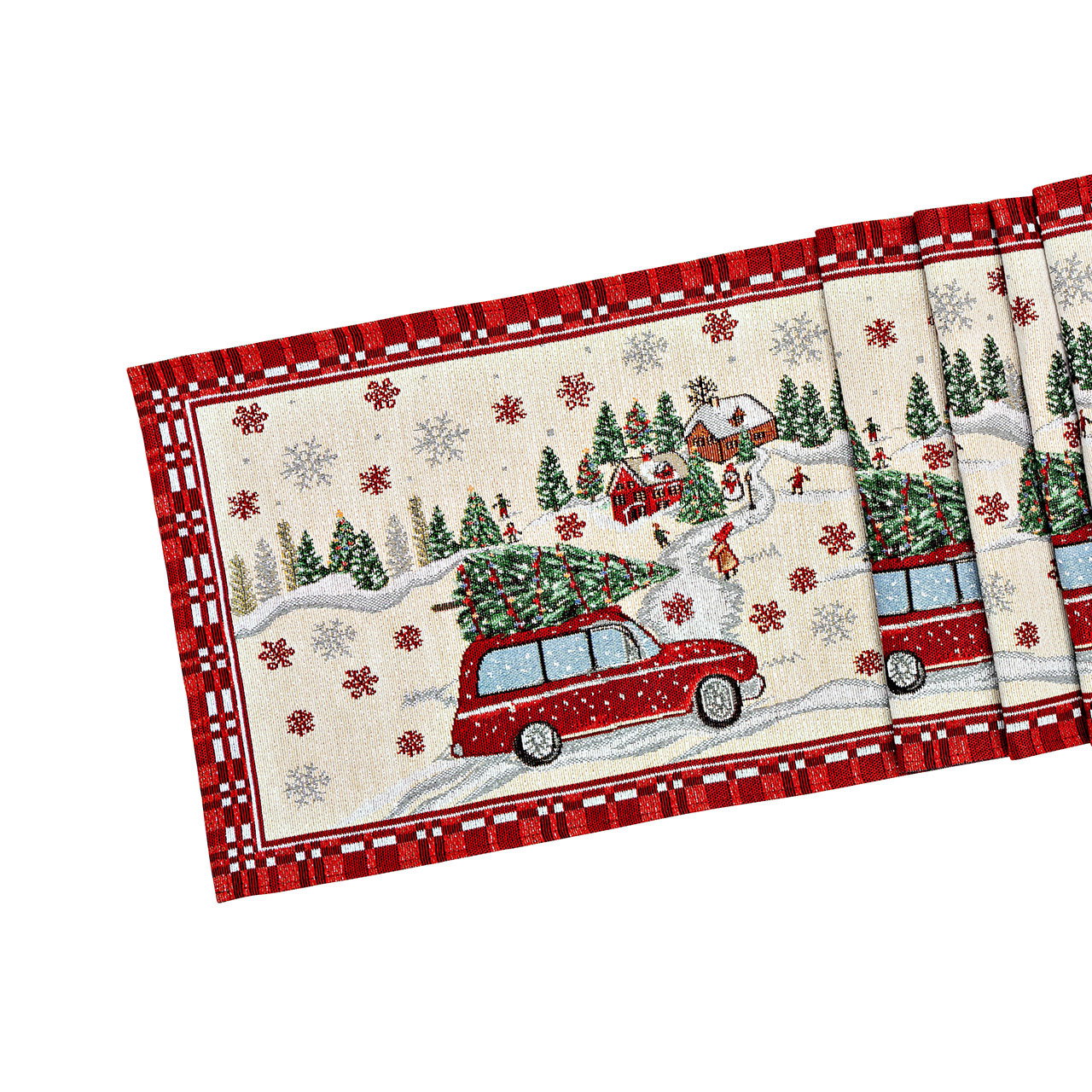 Table runner Christmas car decor made of textile, beige/red (W/H) 183x33cm Tischdecke, Weihnachten, KaroRot, AutoMotiv, Winterlandschaft