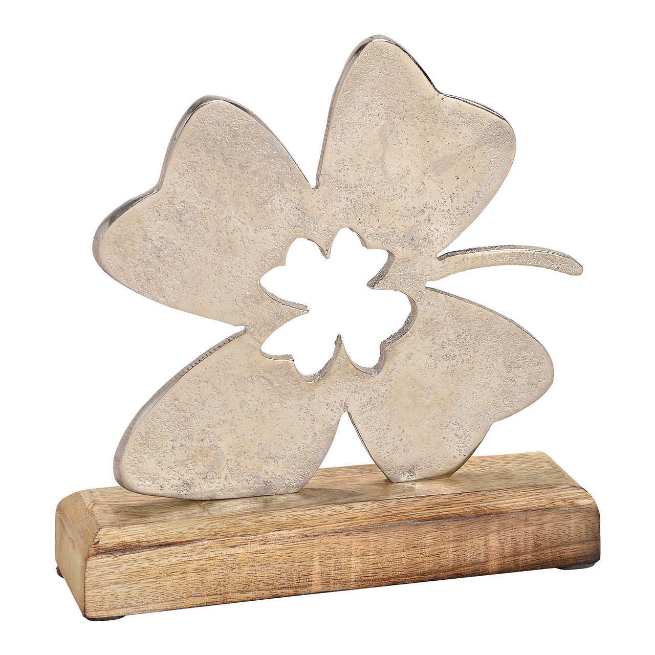 Présentoir Trèfle à quatre feuilles en métal sur socle en bois de manguier argenté, brun (L/H/P) 18x19x5cm Présentoir Trèfle à quatre feuilles en métal sur socle en bois de manguier argenté, brun (L/H/P) 18x19x5cm