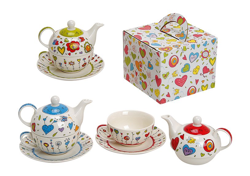 Teekannen-Set mit Tasse+Teller Sortiert aus Porzellan, B17 x T13 cm