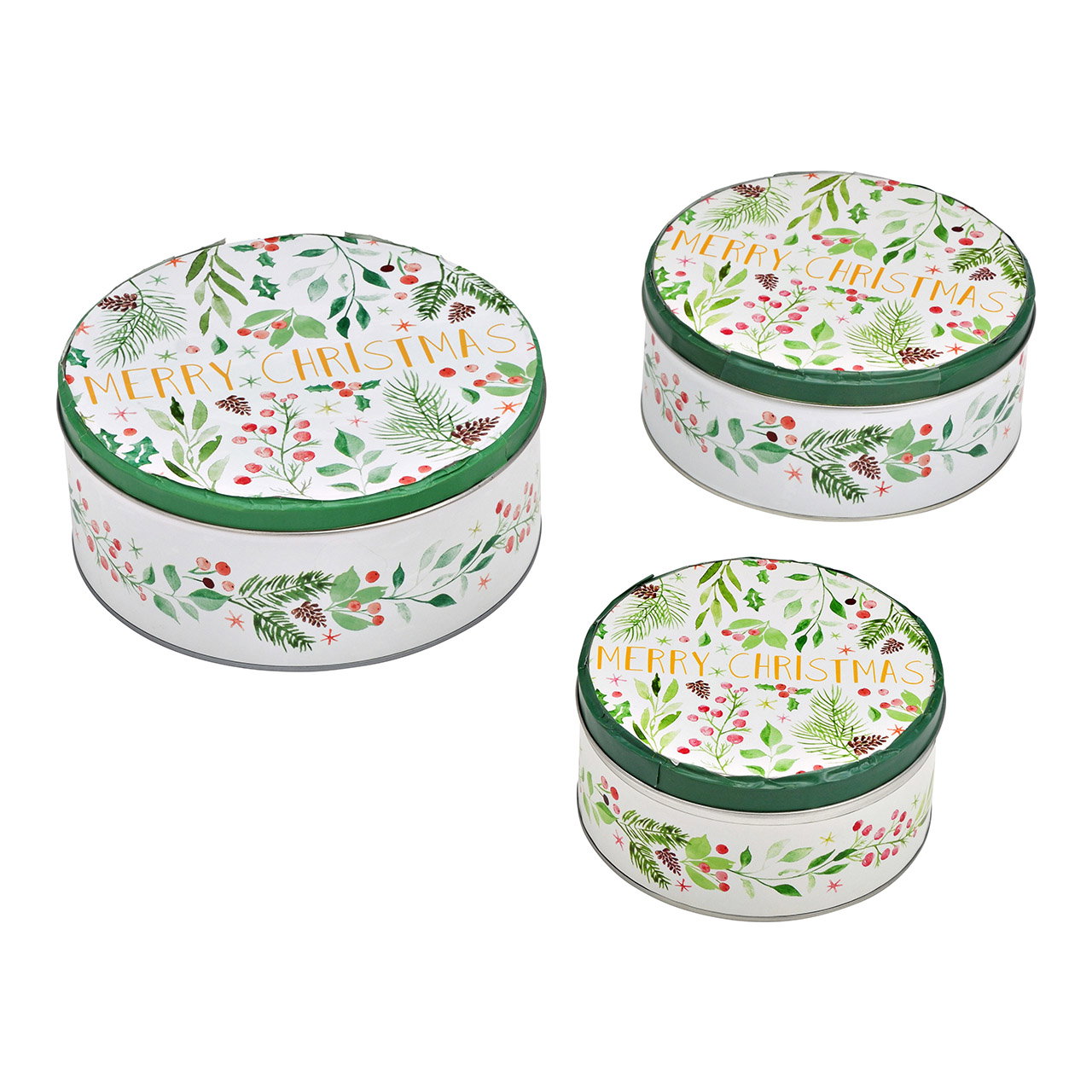 Set of 3 round Merry Christmas tins, made of colorful metal (W/H/D) 19x8x19cm, 17x7x17cm, 14x6x14cm Christbaumsdosen, Weihnachtsdose, Metalldose, Dekorationsdose, grüne Deckel