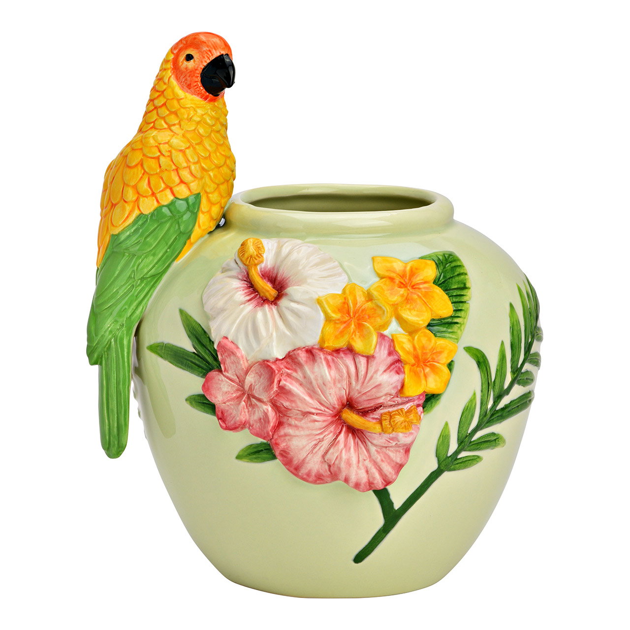 Ceramic parrot/flowers vase, colorful (W/H/D) 21x25x20cm Krug, Töpferei, Vase, Tier, Vogel