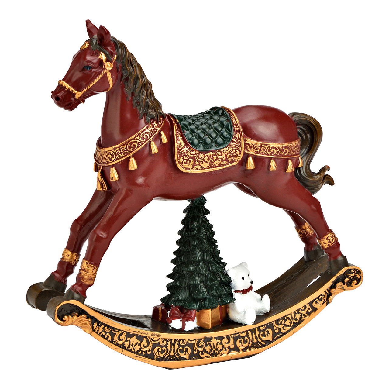 Caballo de exhibición con árbol de Navidad de poliéster, rojo oscuro (A/A/A) 13x13x3cm