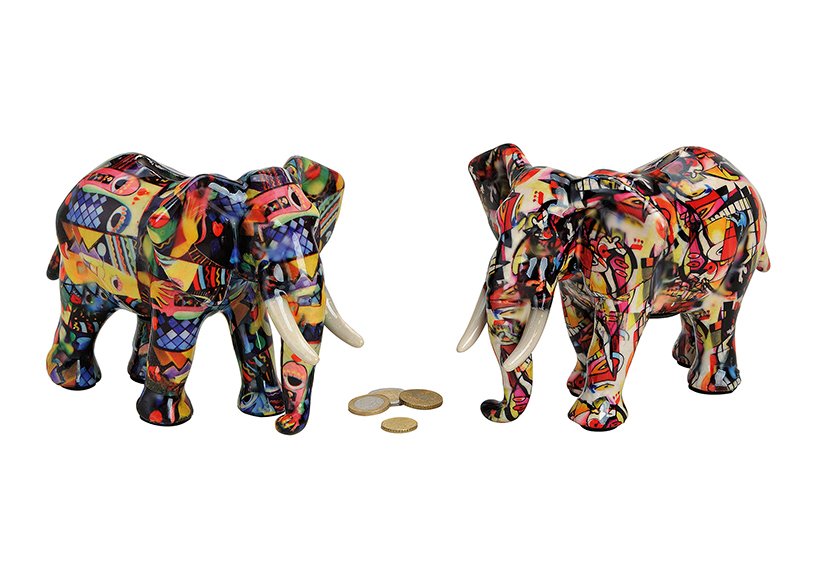Spaarpot olifant kleurrijk van keramiek, 2 assorti, B22 x D15 x H16 cm