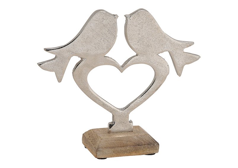 Bird on heart, metal on mango wood base, silver brown color, 19x17x6cm