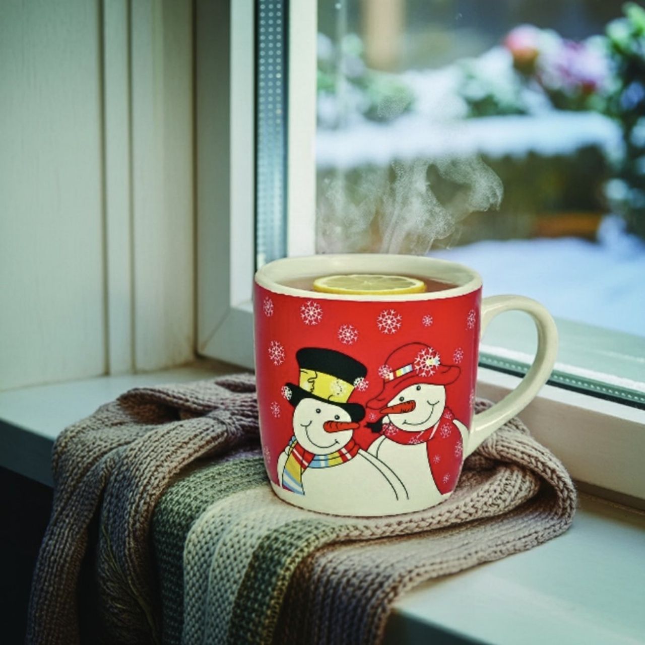 Becher rot mit Weihnachtsmotiven aus Keramik, 4-fach sortiert (B/H/T) 11x8x8 cm, 200ml